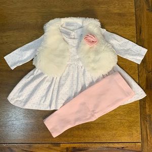 Koala Baby Boutique 3-Piece LS Top Faux Fur Vest Legging Set White Pink 3M NWOT